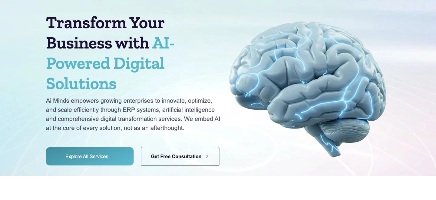 Current AI Minds English opening with service and consultation actions.
