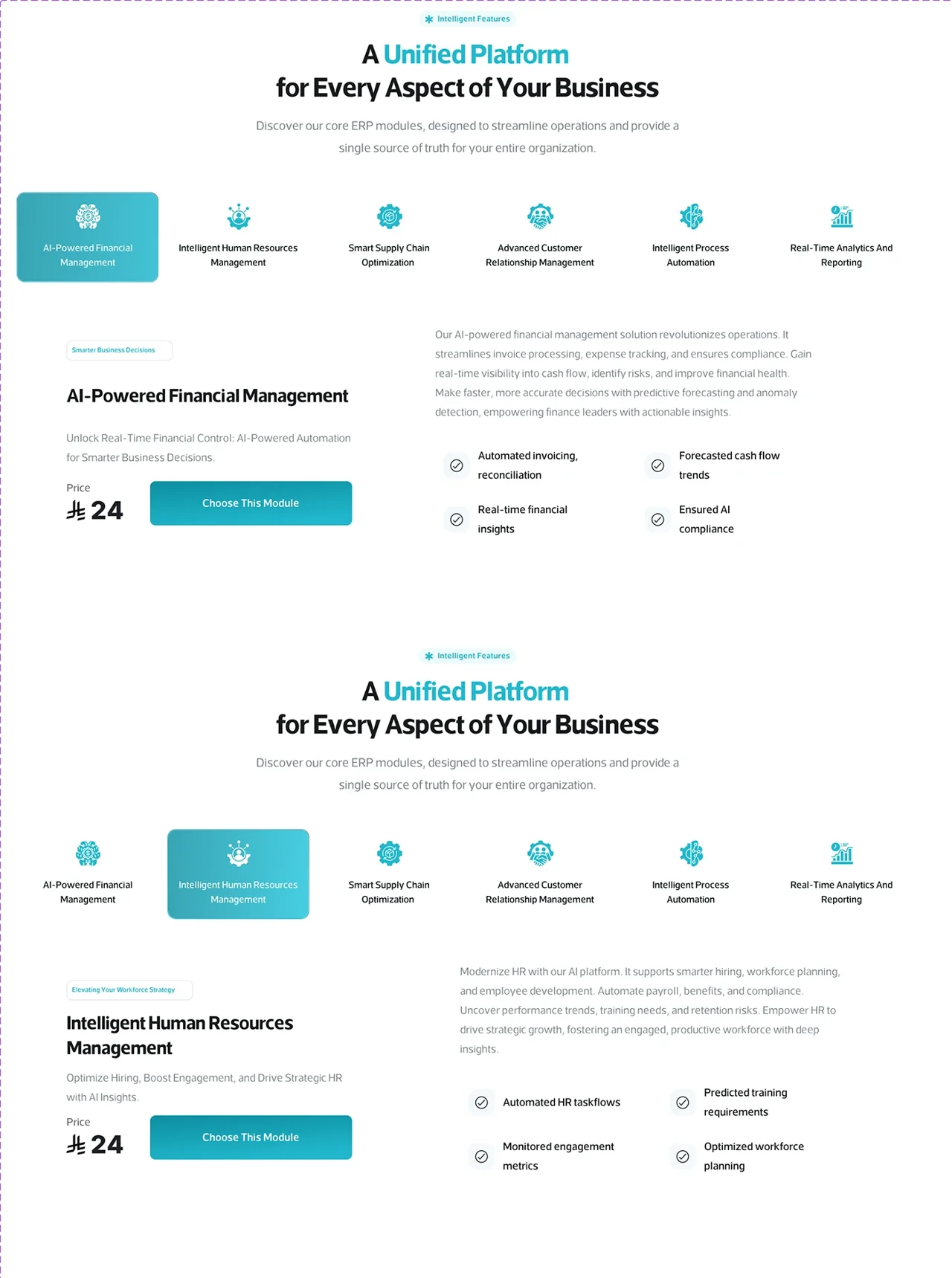 Original English finance and HR module examples with functional explanations and selection actions.