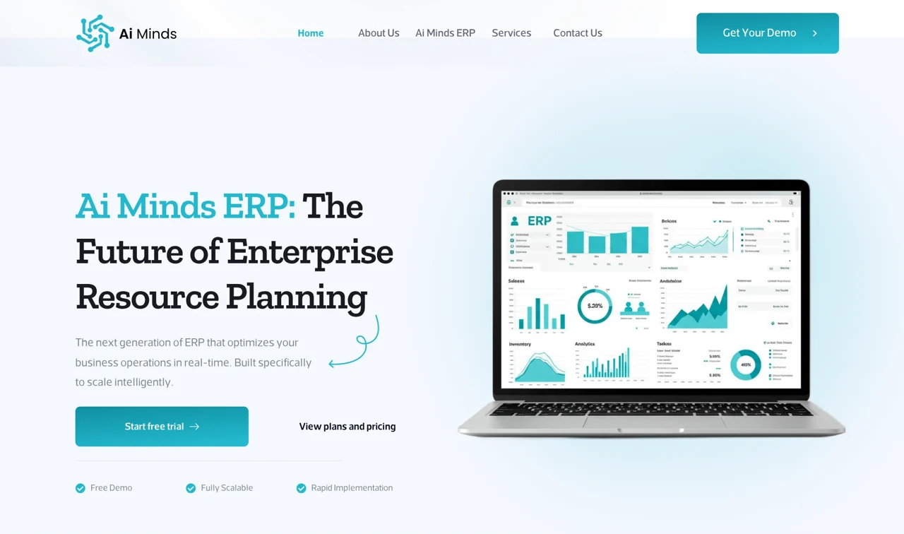 Original AI Minds ERP opening naming the product and trial and pricing routes.