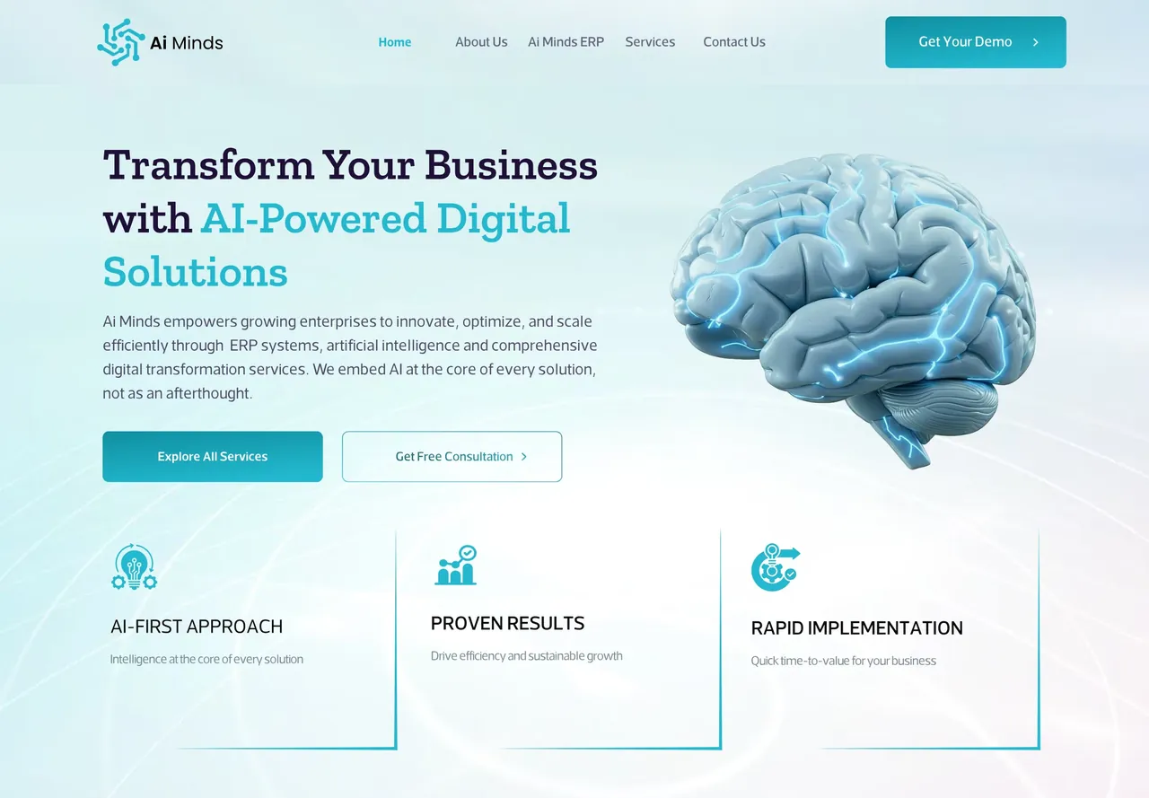 English homepage introducing AI Minds and its digital solutions.