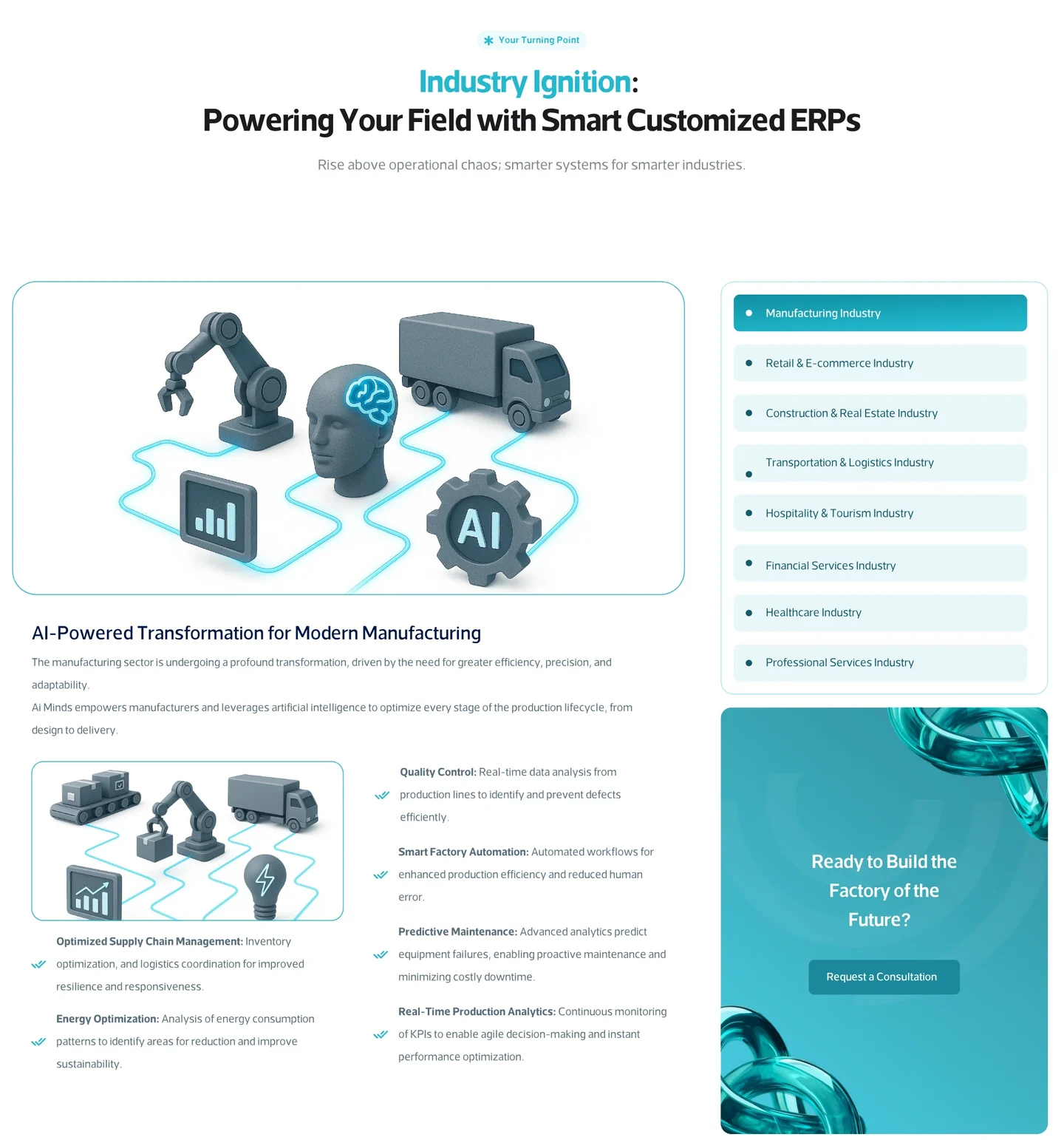 English ERP industry selector with manufacturing content and consultation action