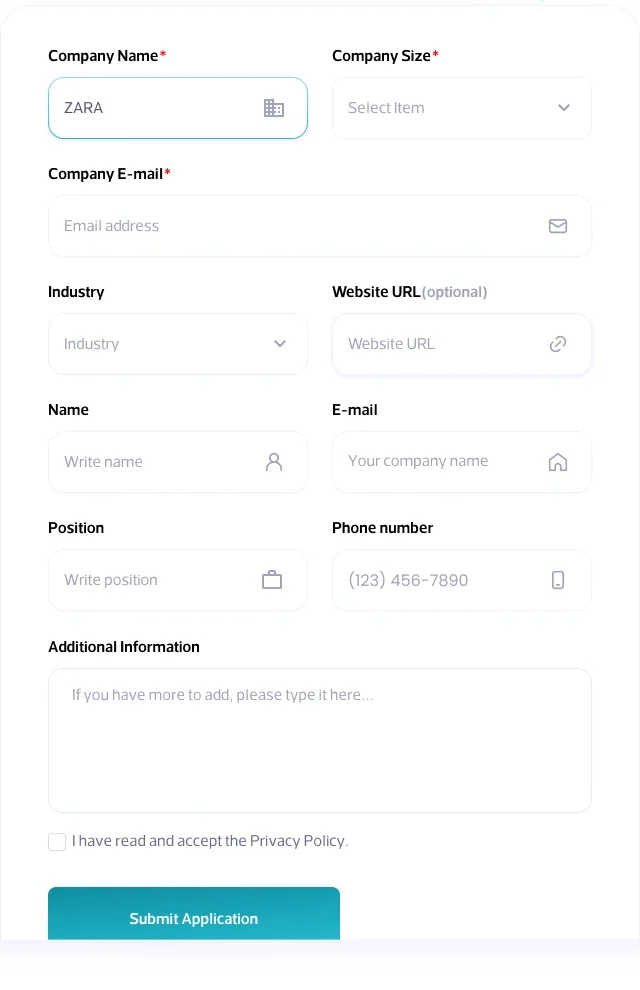 English company inquiry form with company size, industry and contact fields