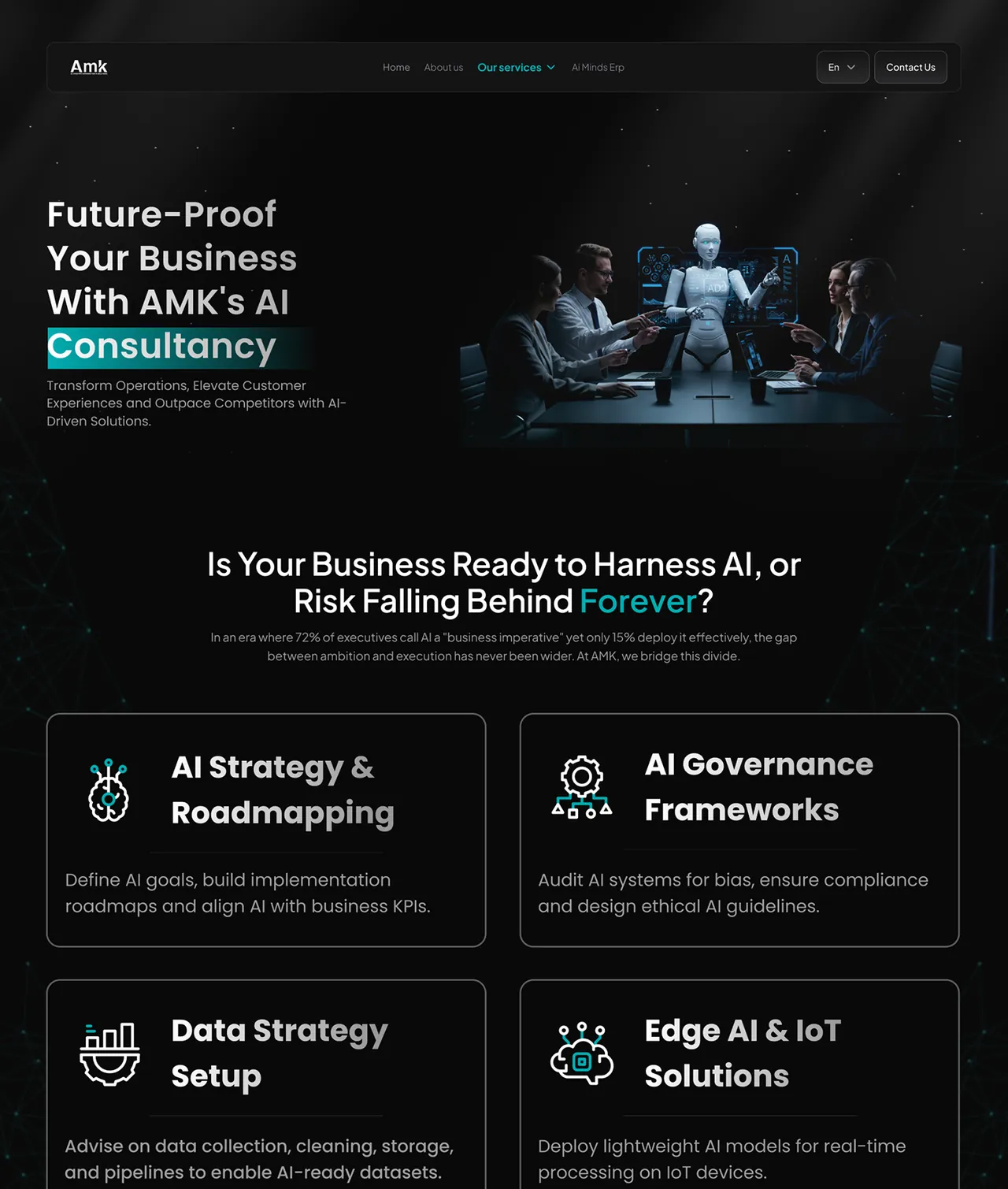 English AMK consulting page outlining advisory areas.