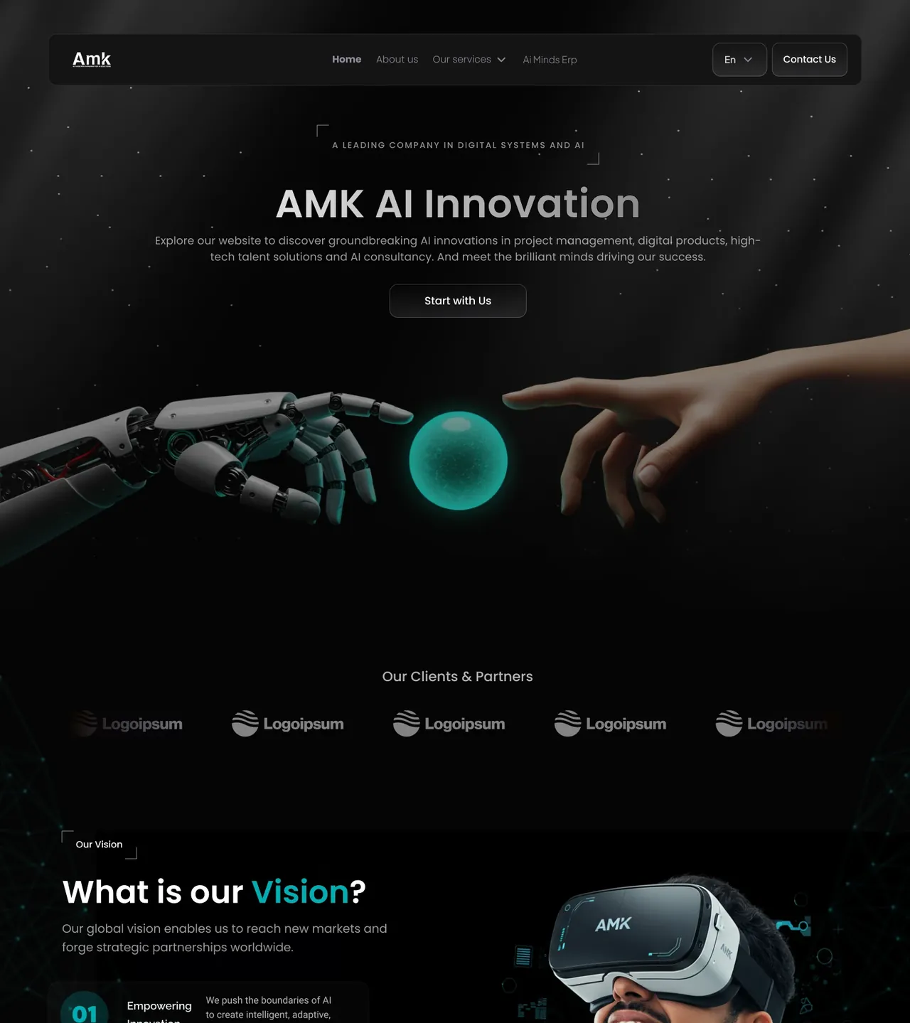 AMK LLC English homepage introducing the company’s AI offer.