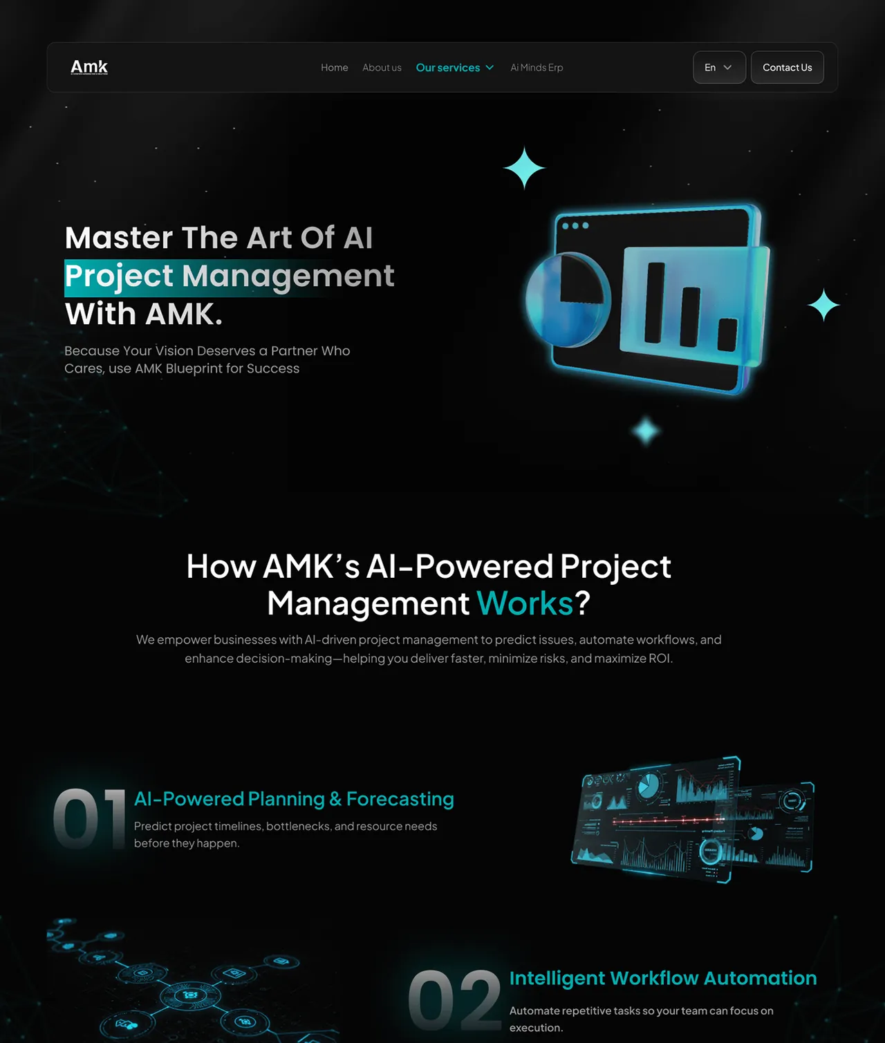 English AMK product page explaining AI-supported project management.