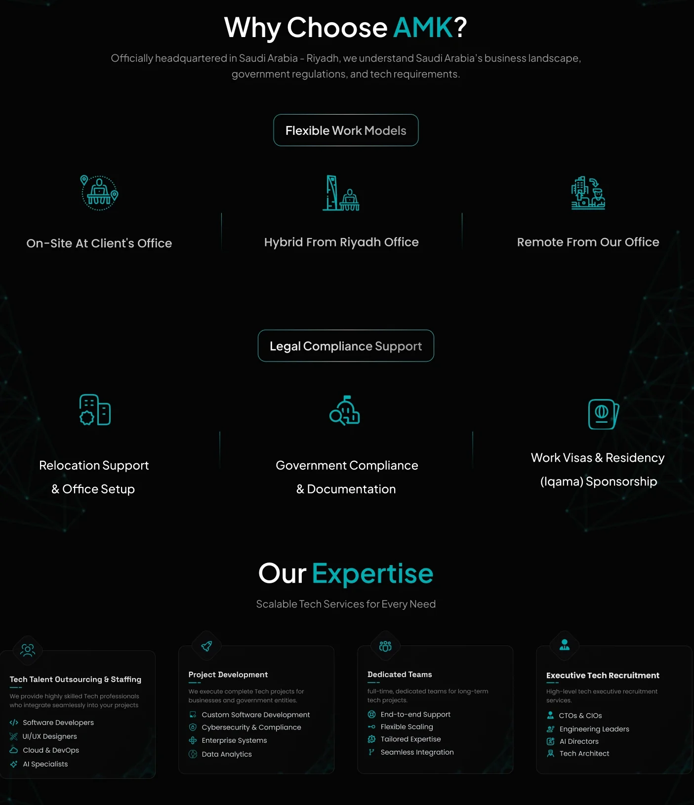 English technical talent page showing work models and delivery categories