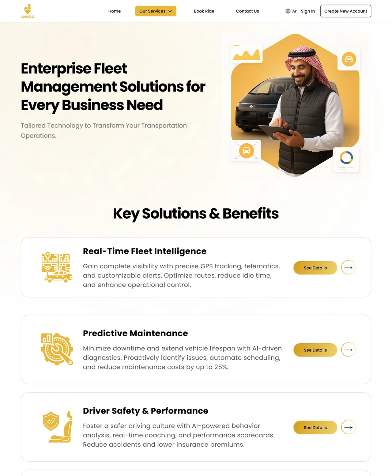 English solutions page separating fleet management needs.