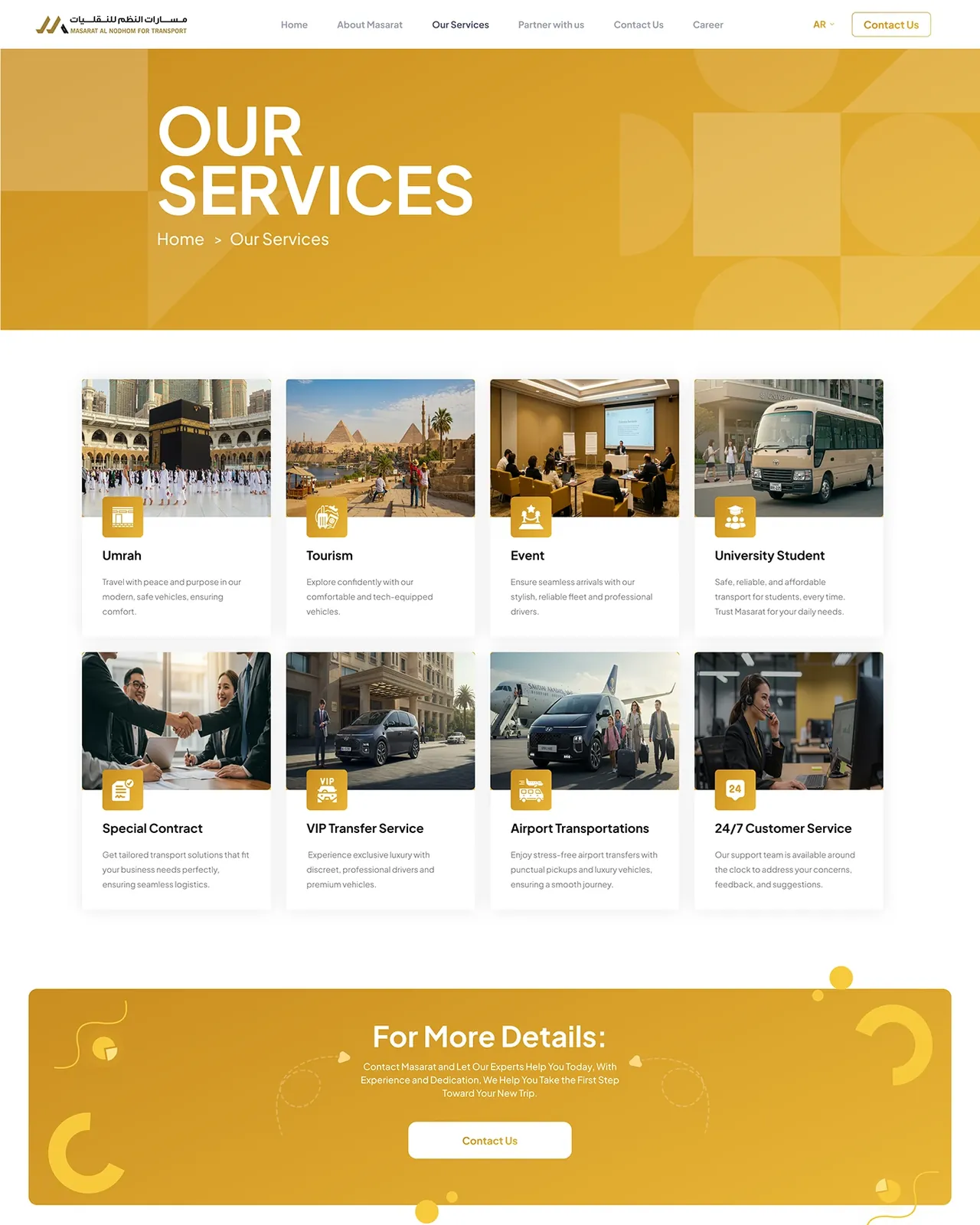 English service directory showing distinct transport categories.