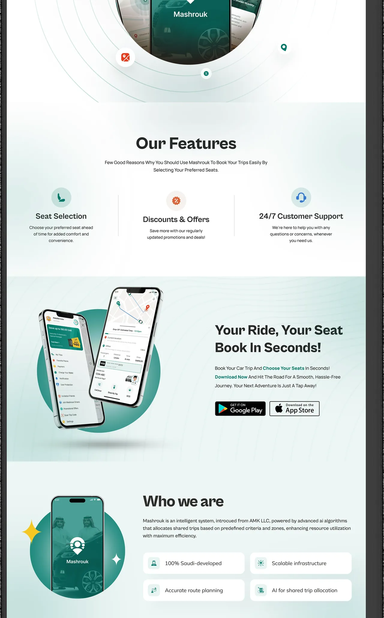 English feature and booking sections showing how Mashrouk works.