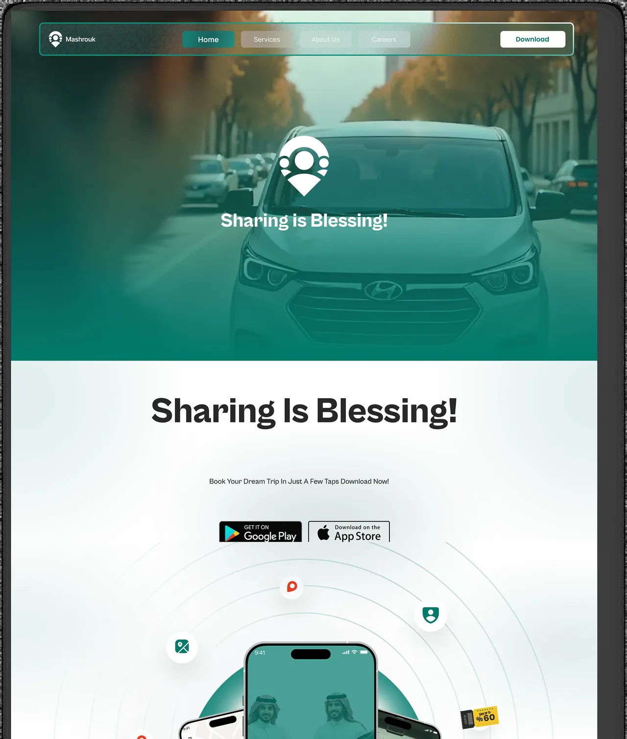 English Mashrouk landing-page opening with app download routes.