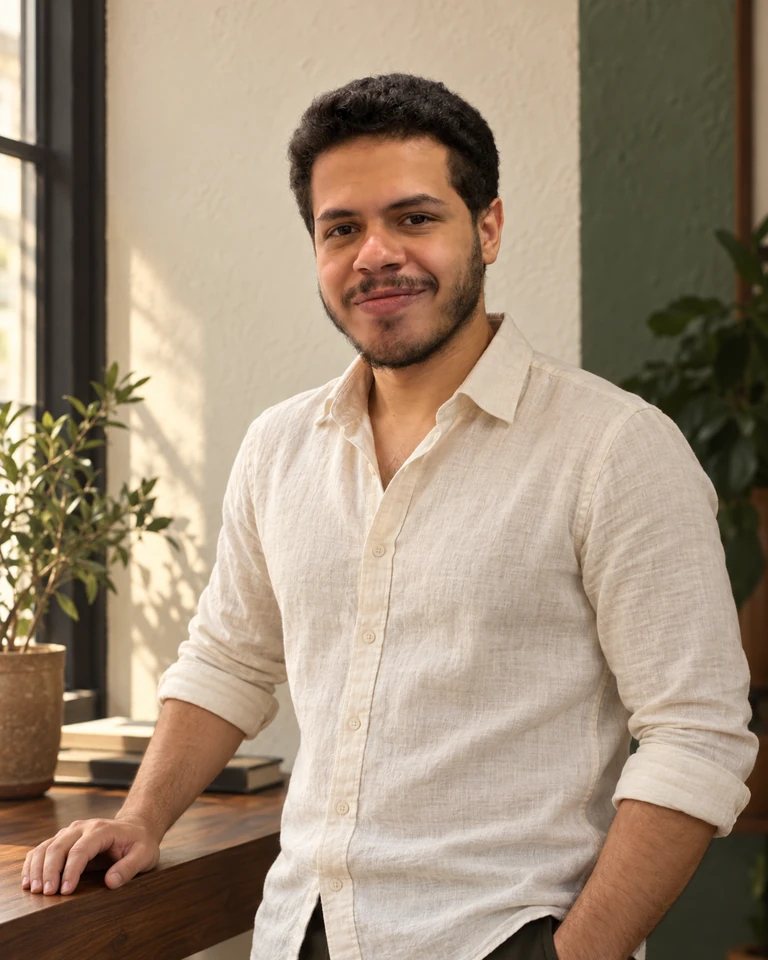 Youssef standing by a window in a cream linen shirt