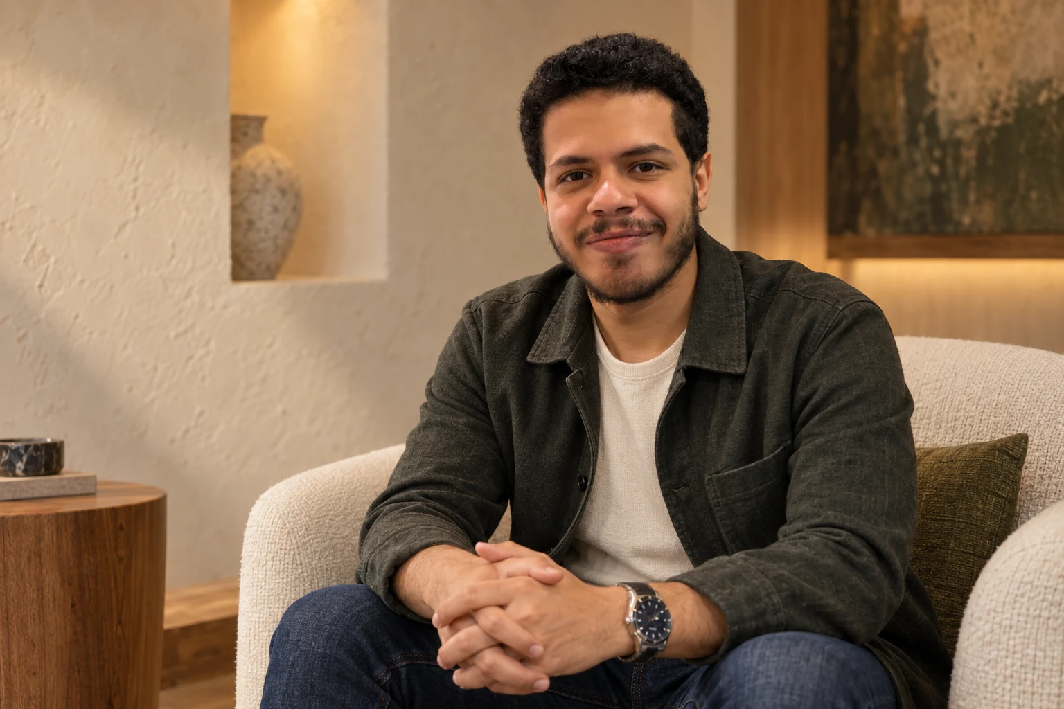 Youssef seated with a relaxed smile and hands resting in his lap