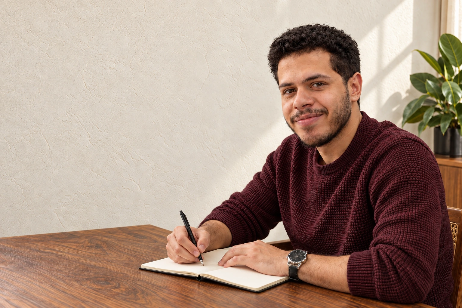 Youssef looking up from his notebook while working