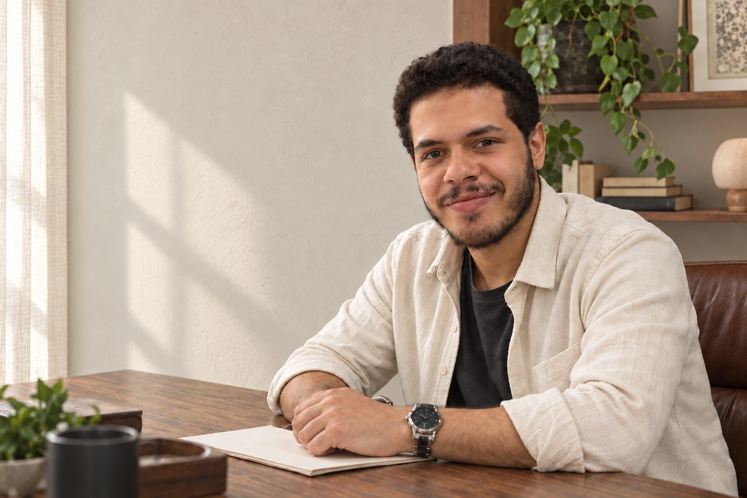 Youssef seated at a desk in a cream overshirt