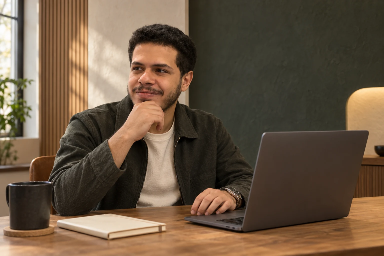 Youssef pausing to think beside his laptop and notes
