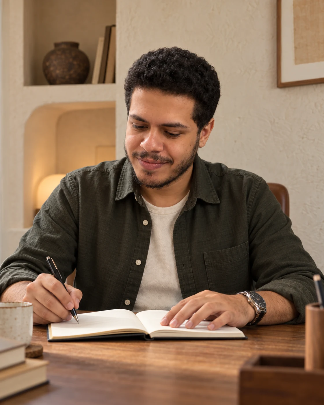Youssef writing in a notebook at his desk